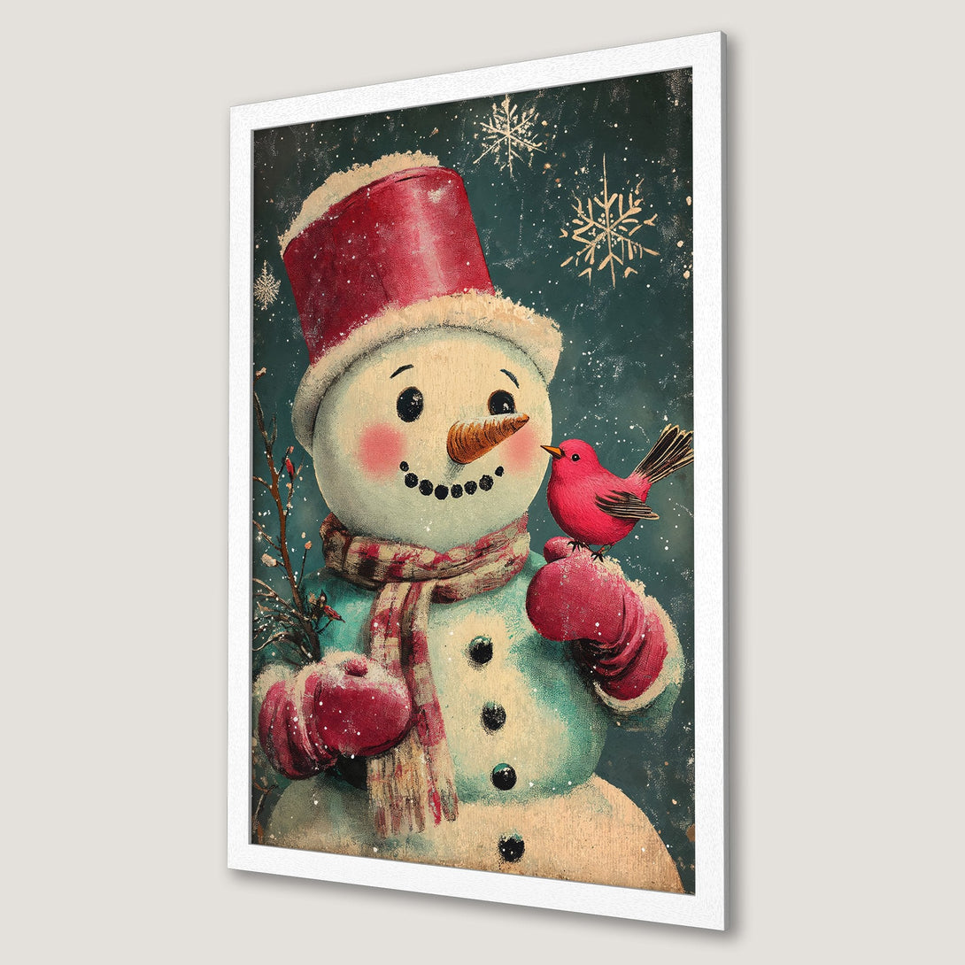 Framed Poster featuring a whimsical snowman with a red bird, vintage style, in a teal, red, and cream color palette. Perfect winter decor!