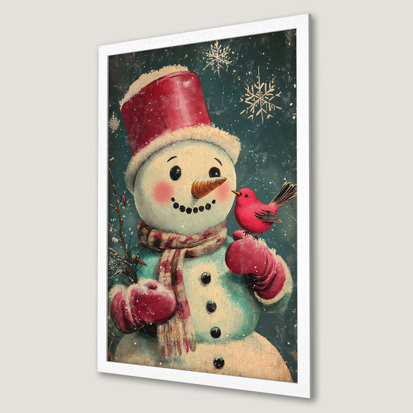 Framed Poster featuring a whimsical snowman with a red bird, vintage style, in a teal, red, and cream color palette. Perfect winter decor!