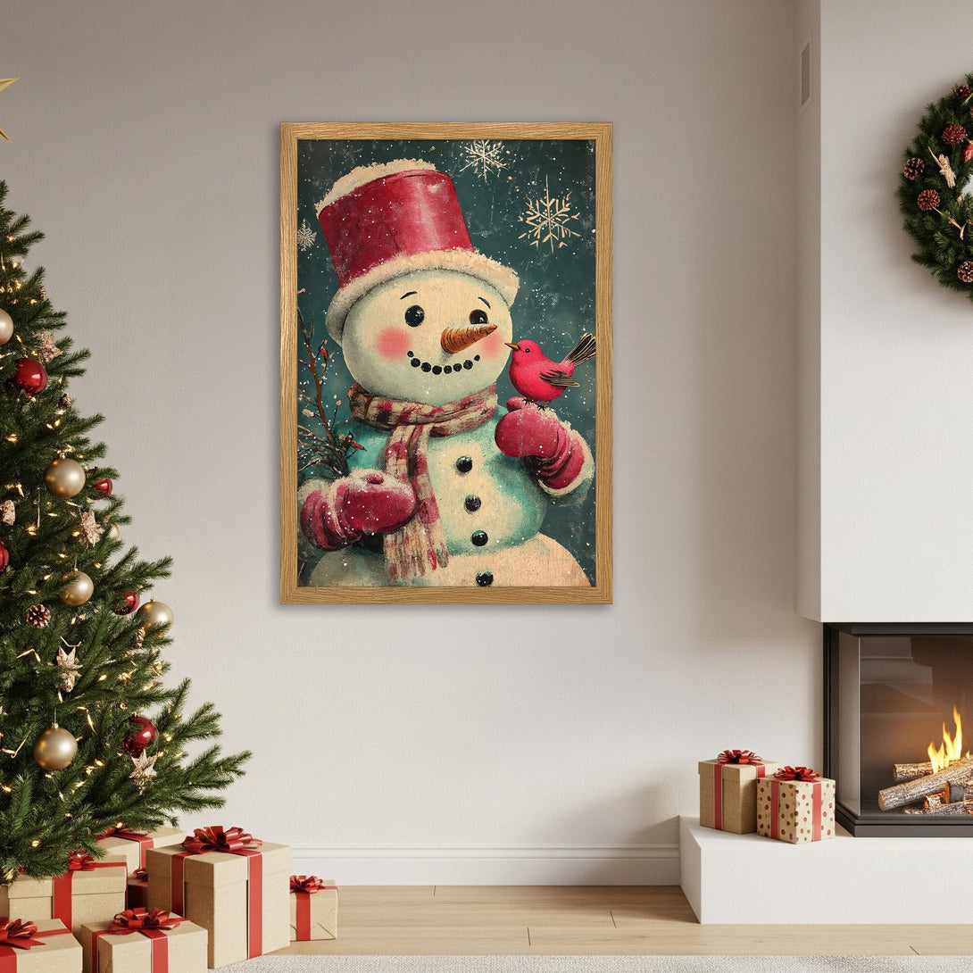 Framed Poster featuring a vintage snowman with a red bird. Festive, whimsical style with teal, red, and beige tones. Perfect Christmas decor!