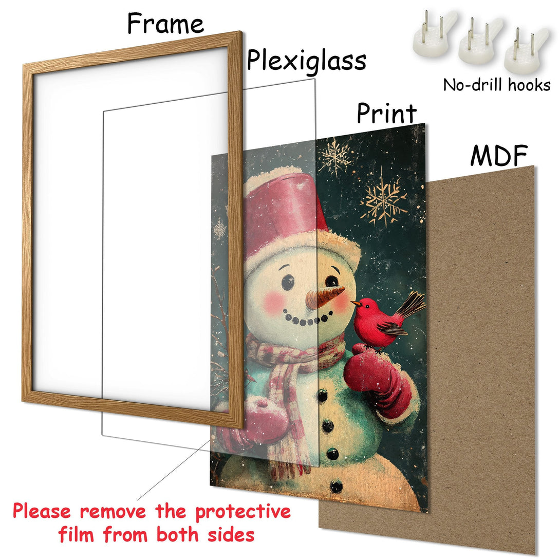 Framed Poster featuring a whimsical snowman and red bird, with a festive color palette. Perfect winter decor!