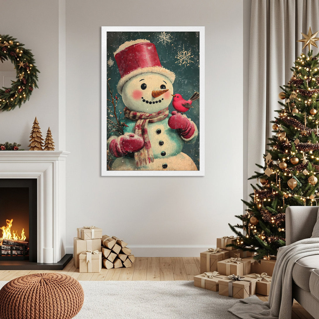 Framed Poster featuring a charming snowman with a red bird, vintage style, and a cozy winter color palette. Perfect holiday decor!