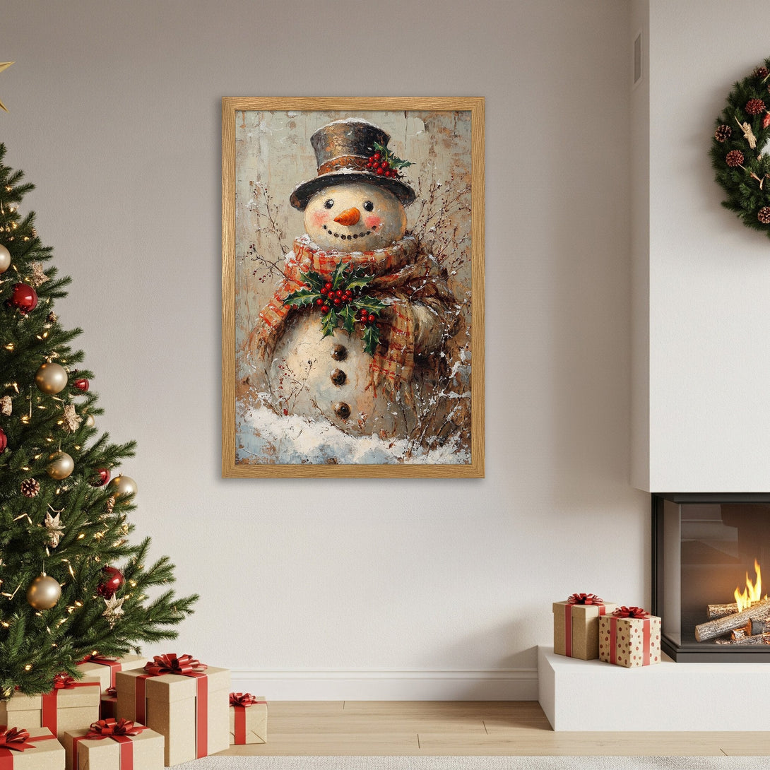 Framed Poster featuring a charming snowman illustration in a warm, rustic color palette. Perfect Christmas decor!