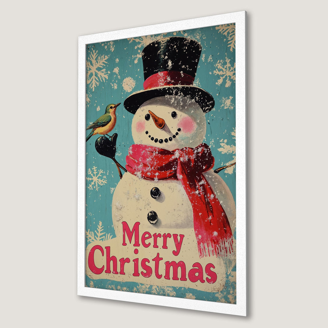 Framed Poster featuring a vintage snowman with a bird, Merry Christmas design. Rustic style, teal and red color palette. Perfect holiday decor.