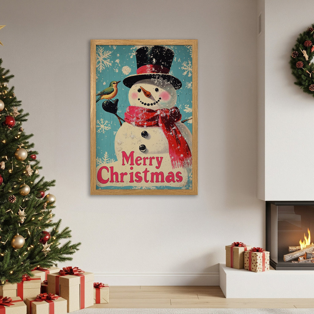 Framed Poster featuring a vintage snowman design, perfect for Christmas decor. Rustic style with a blue, red, and white color palette.