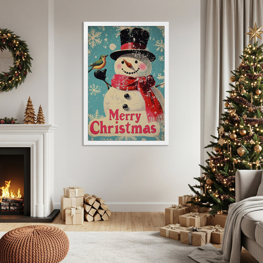 Framed Poster featuring a vintage snowman illustration with a red and blue color palette, perfect for Christmas decor.