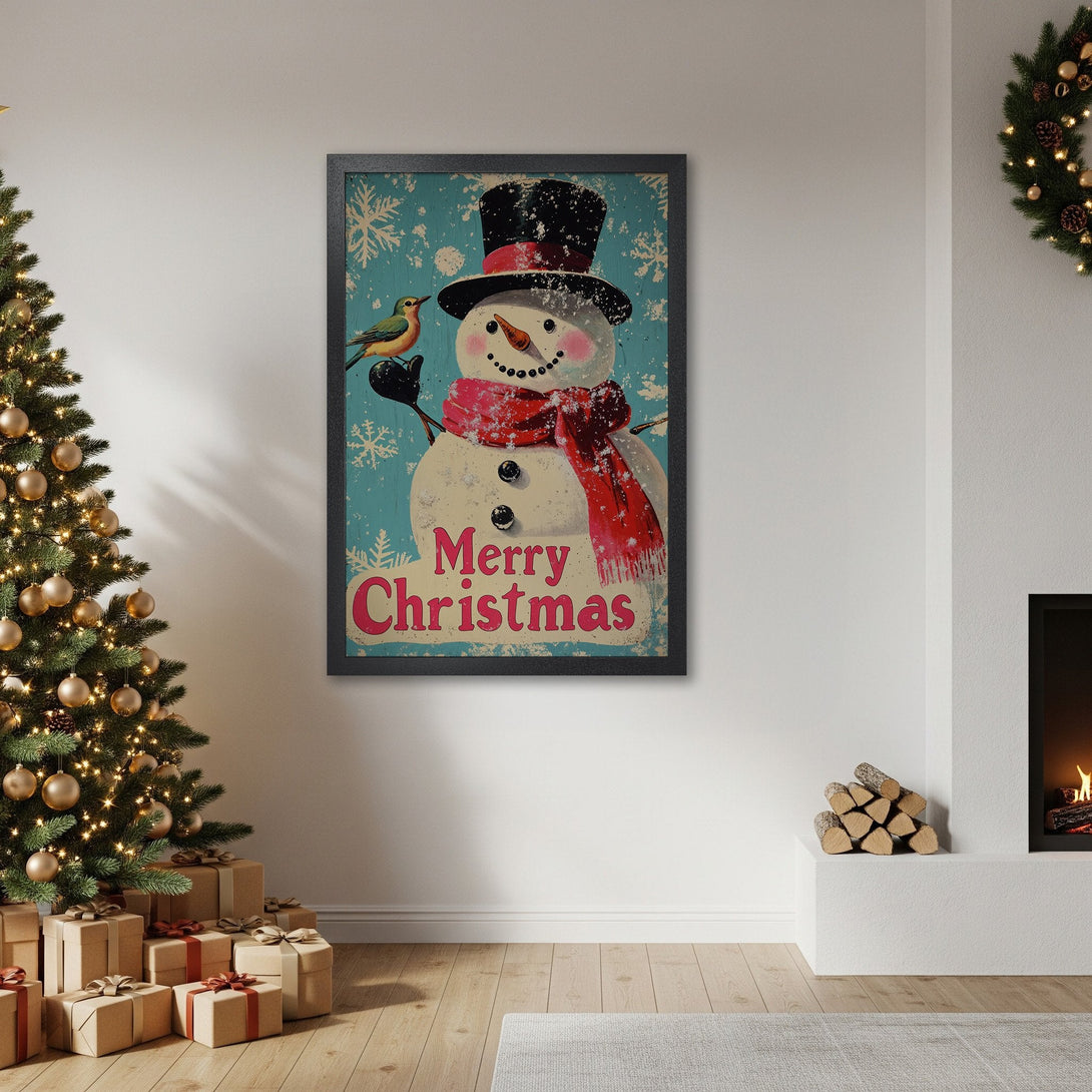 Framed Poster featuring a vintage snowman design with a teal background and red accents. Perfect Christmas decor!