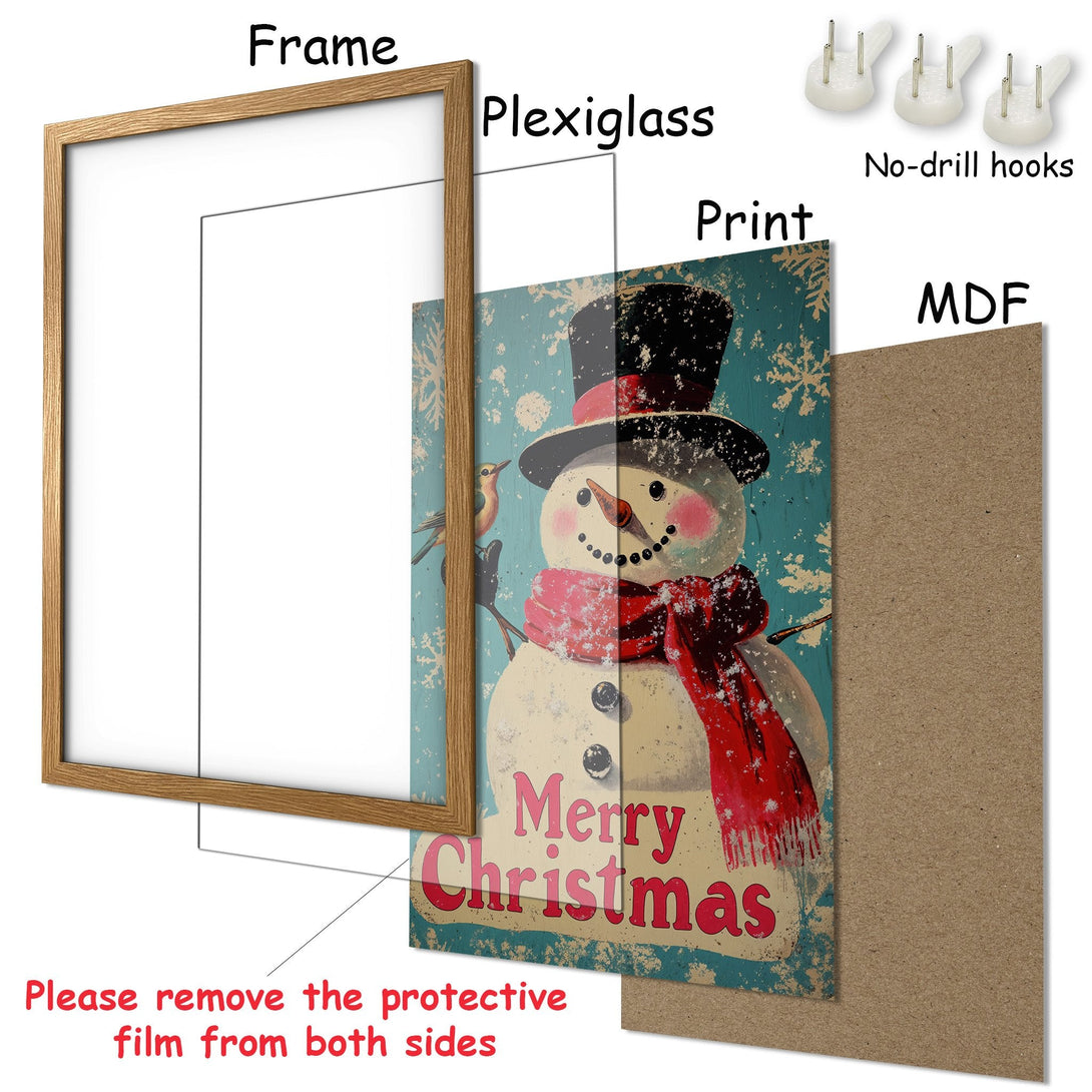 Framed Poster featuring a vintage snowman design with a red and teal color palette. Perfect Christmas decor!