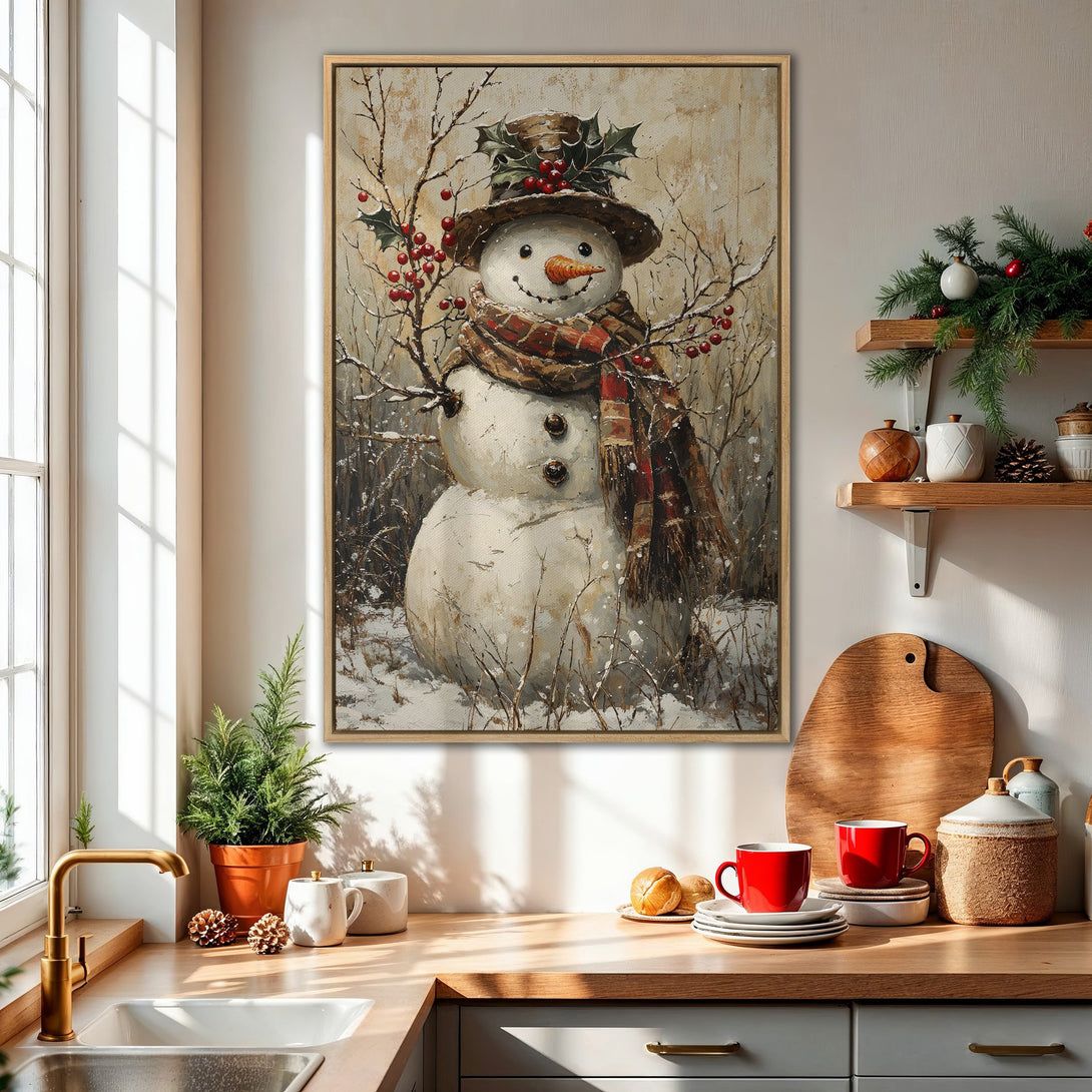 Framed Wall Art: Charming snowman painting in rustic style, featuring a warm, earthy color palette. Perfect winter decor for your home!