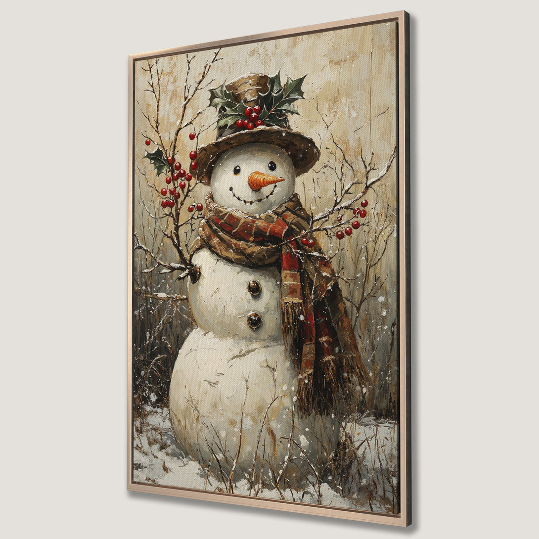 Framed Wall Art featuring a charming snowman in a winter scene. Rustic style with a warm, neutral color palette and pops of red. Perfect holiday decor!