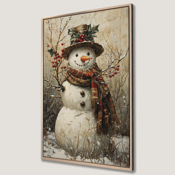 Framed Wall Art featuring a charming snowman in a winter scene. Rustic style with a warm, neutral color palette and pops of red. Perfect holiday decor!