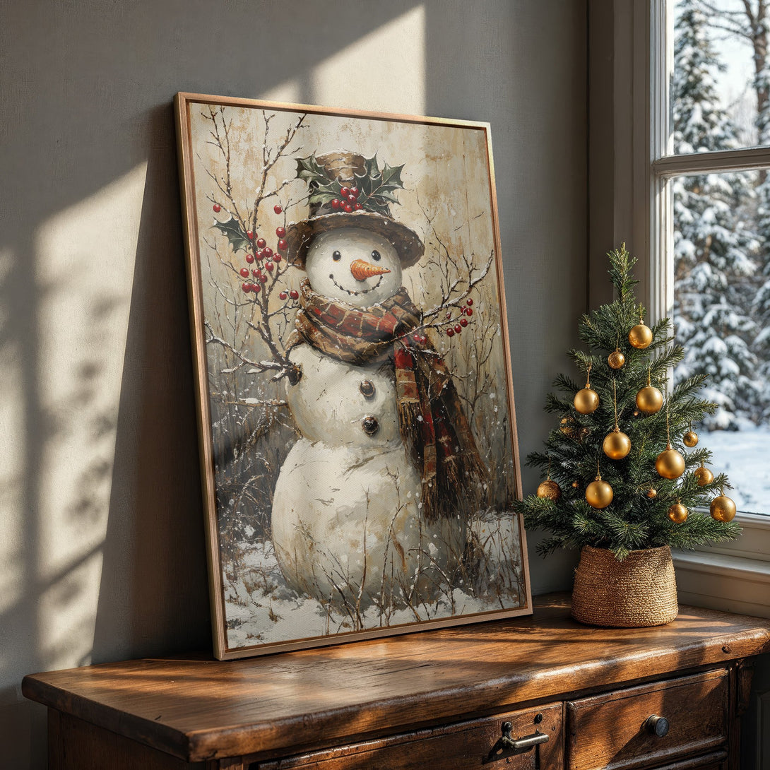 Framed Wall Art: Charming winter snowman painting in warm neutral tones. Rustic holiday decor for cozy home interiors. Perfect Christmas gift!