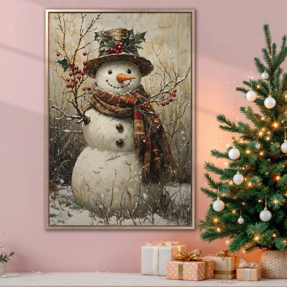 Framed Wall Art: Charming snowman painting in warm winter tones. Perfect holiday decor! Rustic style canvas print with a cozy, inviting color palette.