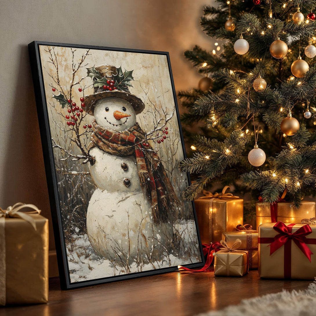Framed Wall Art: Charming snowman painting in warm, rustic tones. Perfect holiday decor! Featuring a cozy winter scene with a festive color palette.