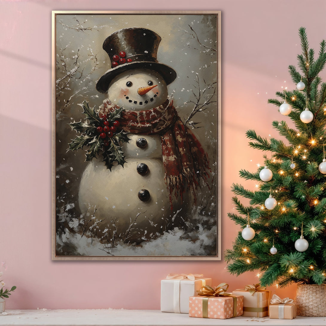 Framed Wall Art: Charming snowman painting in a warm, rustic style. Festive winter art with a red and brown color palette, perfect for holiday decor.