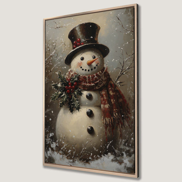 Framed Wall Art featuring a charming snowman in a winter scene. Rustic style with a warm, neutral color palette and pops of red. Perfect holiday decor!