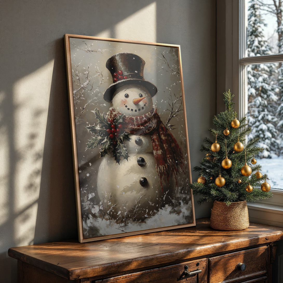 Framed Wall Art: Charming snowman painting in a cozy interior. Rustic style with warm, neutral tones and pops of red. Perfect for holiday decor!
