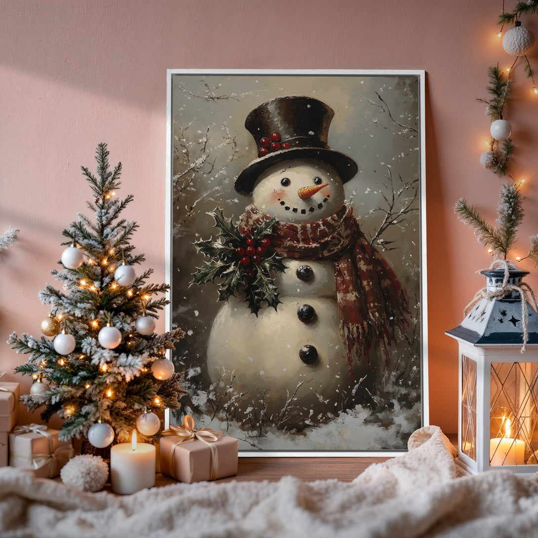 Framed Wall Art: Whimsical snowman painting in winter scene. Warm, inviting color palette with reds, whites, and browns. Perfect for holiday decor.