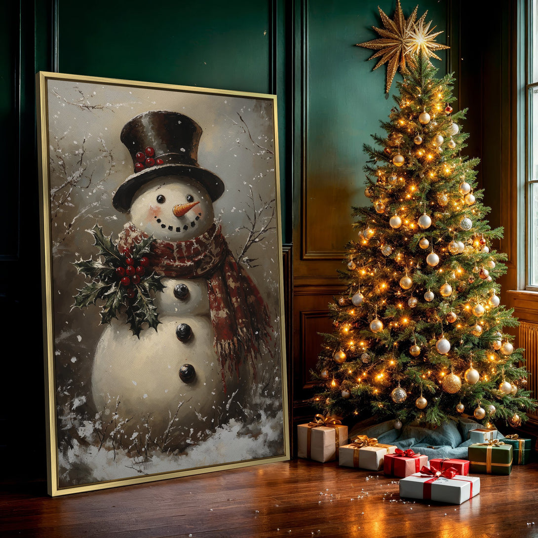 Canvas Print of a charming snowman in a winter scene, featuring a warm red and neutral color palette. Perfect for holiday decor!