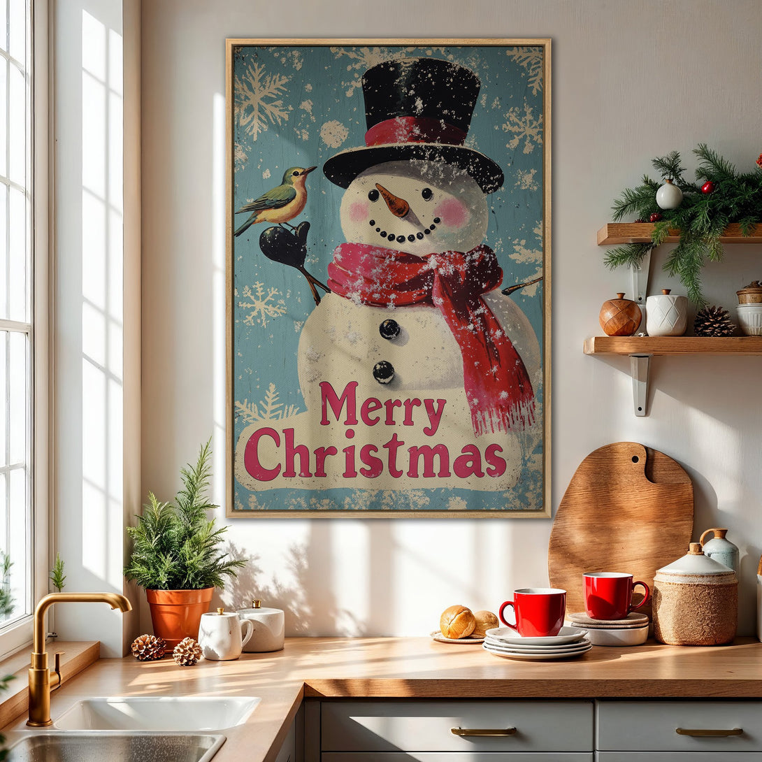 Framed Wall Art: Vintage Christmas snowman print with a retro style and a blue, red, and white color palette. Perfect holiday decor!