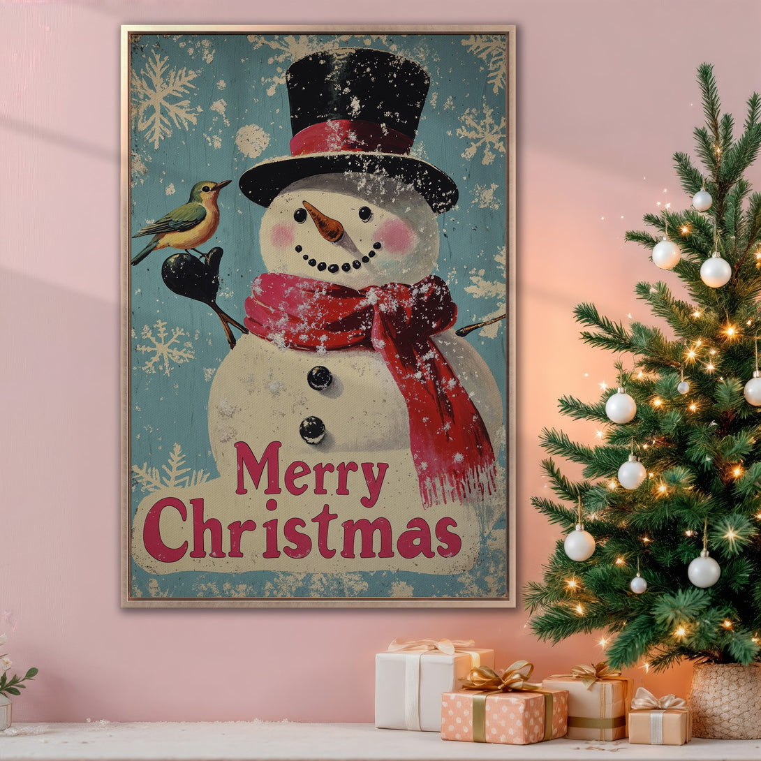 Framed Wall Art: Vintage-style snowman print with "Merry Christmas" on a teal background. Festive decor with a warm, pink and red color palette.
