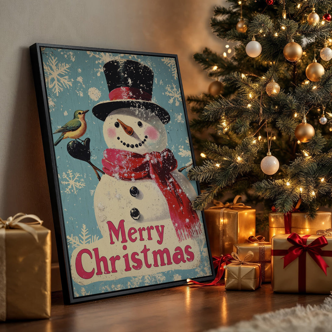 Framed Wall Art: Vintage Christmas snowman print with a teal background and red accents. Perfect holiday decor for a cozy and festive home.