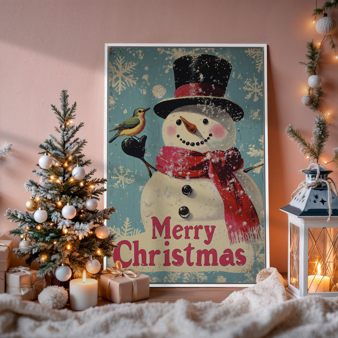 Framed Wall Art: Vintage Christmas snowman print with a teal, red, and cream color palette. Perfect holiday decor for a cozy, festive home.