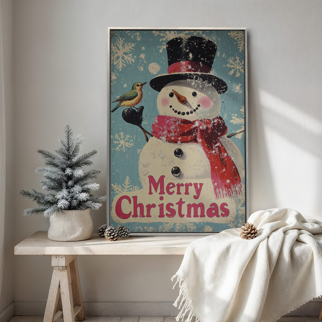 Framed Wall Art: Vintage Christmas snowman print with a retro style and a teal, red, and white color palette. Perfect for holiday decor!