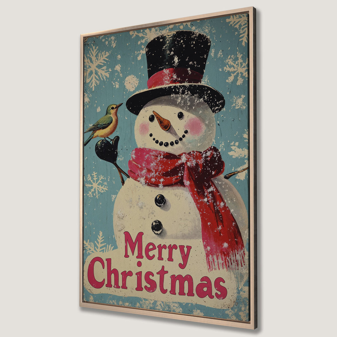 Framed Wall Art: Vintage Christmas snowman with bird, red scarf, and "Merry Christmas" text. Rustic style with a teal, red, and beige color palette. Perfect holiday decor.