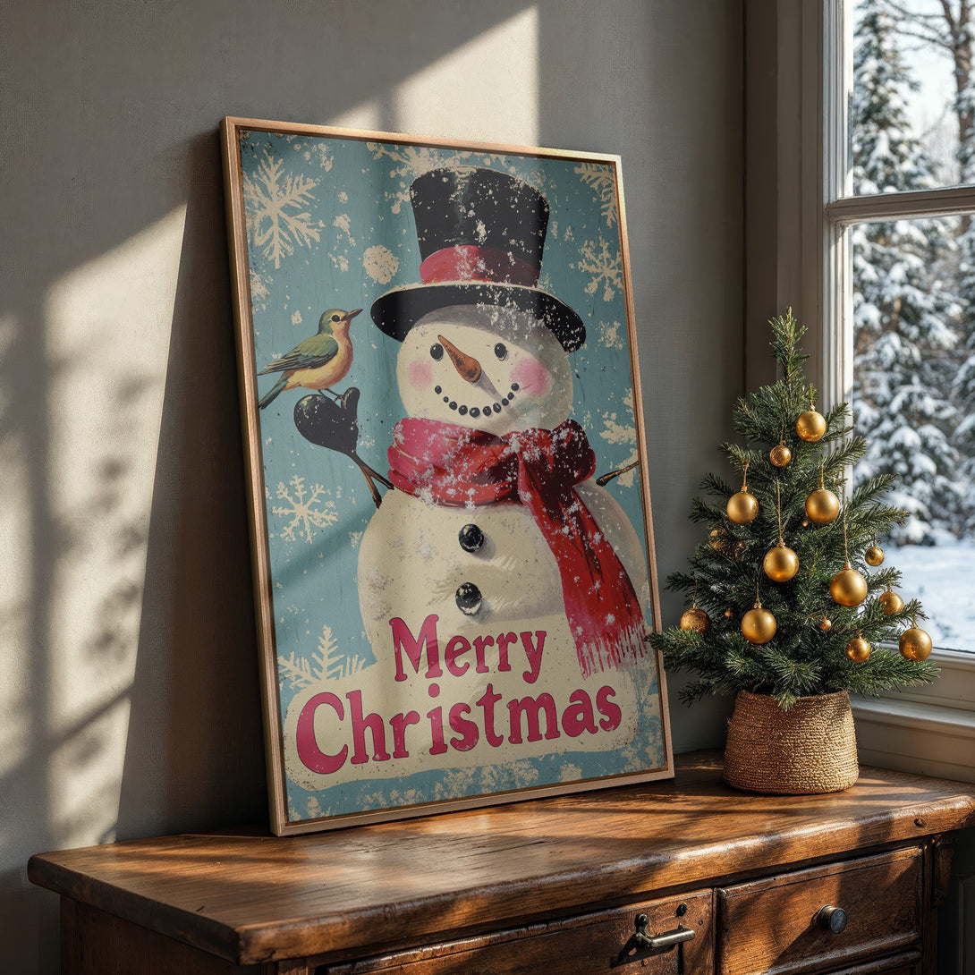 Framed Wall Art featuring a vintage snowman design with a teal and red color palette. Perfect Christmas decor for a cozy, festive vibe.
