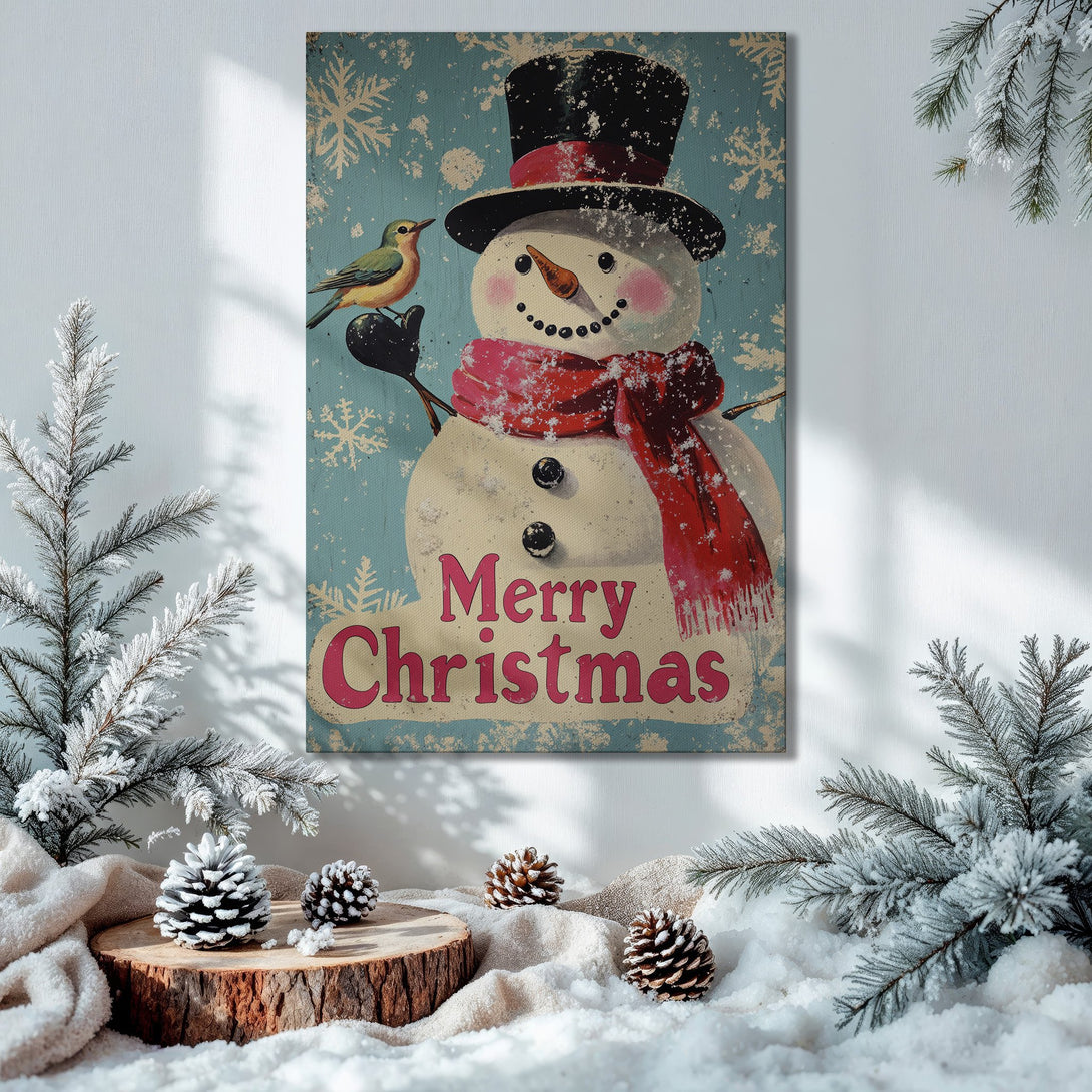 Framed Wall Art: Vintage Christmas snowman print with red, blue, and gold color palette. Perfect holiday decor for a cozy, festive home.