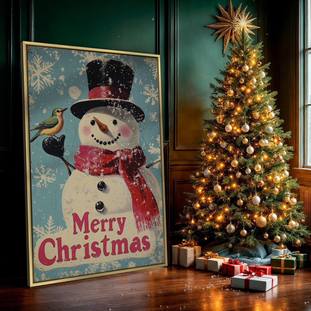 Canvas Print featuring a vintage snowman design with a red scarf, on a blue background. Festive wall art for Christmas decor, with a retro color palette.