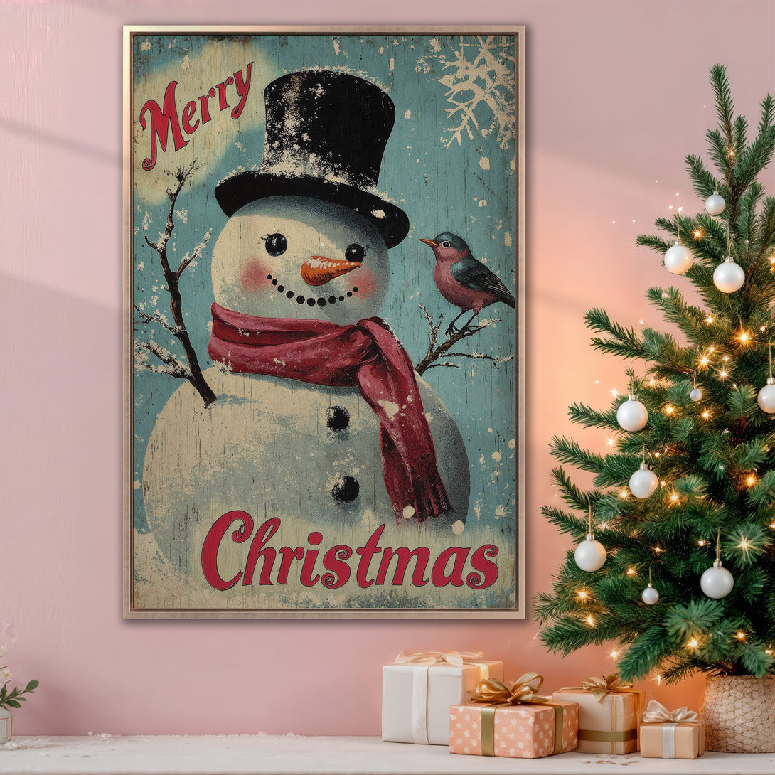 Framed Wall Art: Vintage Christmas snowman print in a rustic style with a blue, red, and white color palette. Perfect holiday decor!
