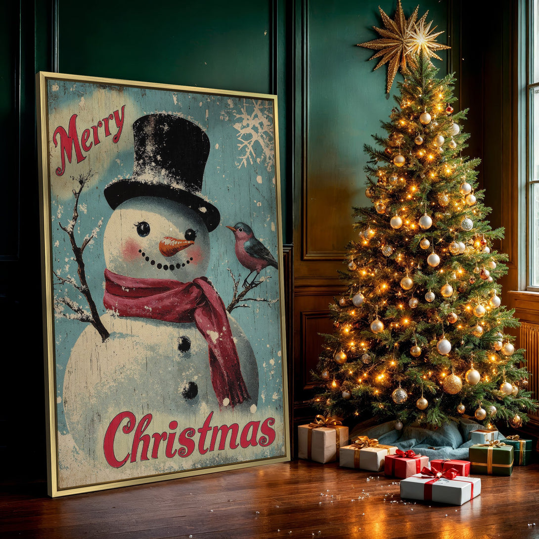 Canvas Print featuring a vintage-style snowman with a bird. Festive Christmas wall art in a rustic, teal, red, and white color palette. Perfect holiday decor!