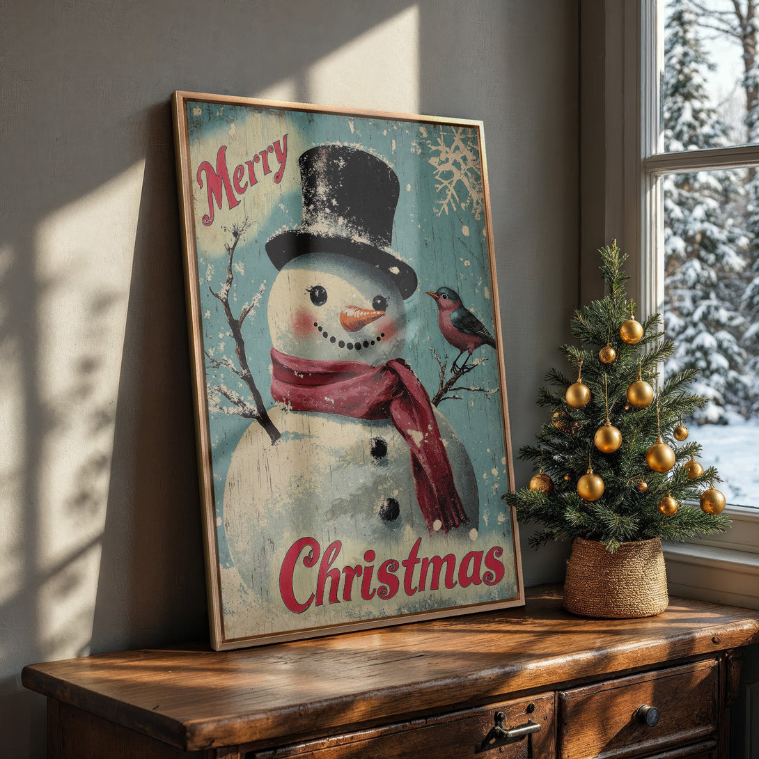 Framed Wall Art: Vintage Christmas snowman print in a cozy interior. Rustic style with teal, red, and cream color palette. Perfect holiday decor!