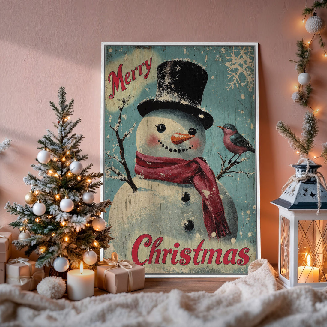 Framed Wall Art: Vintage Christmas snowman print in a distressed style with a teal and red color palette, perfect holiday decor for your home.