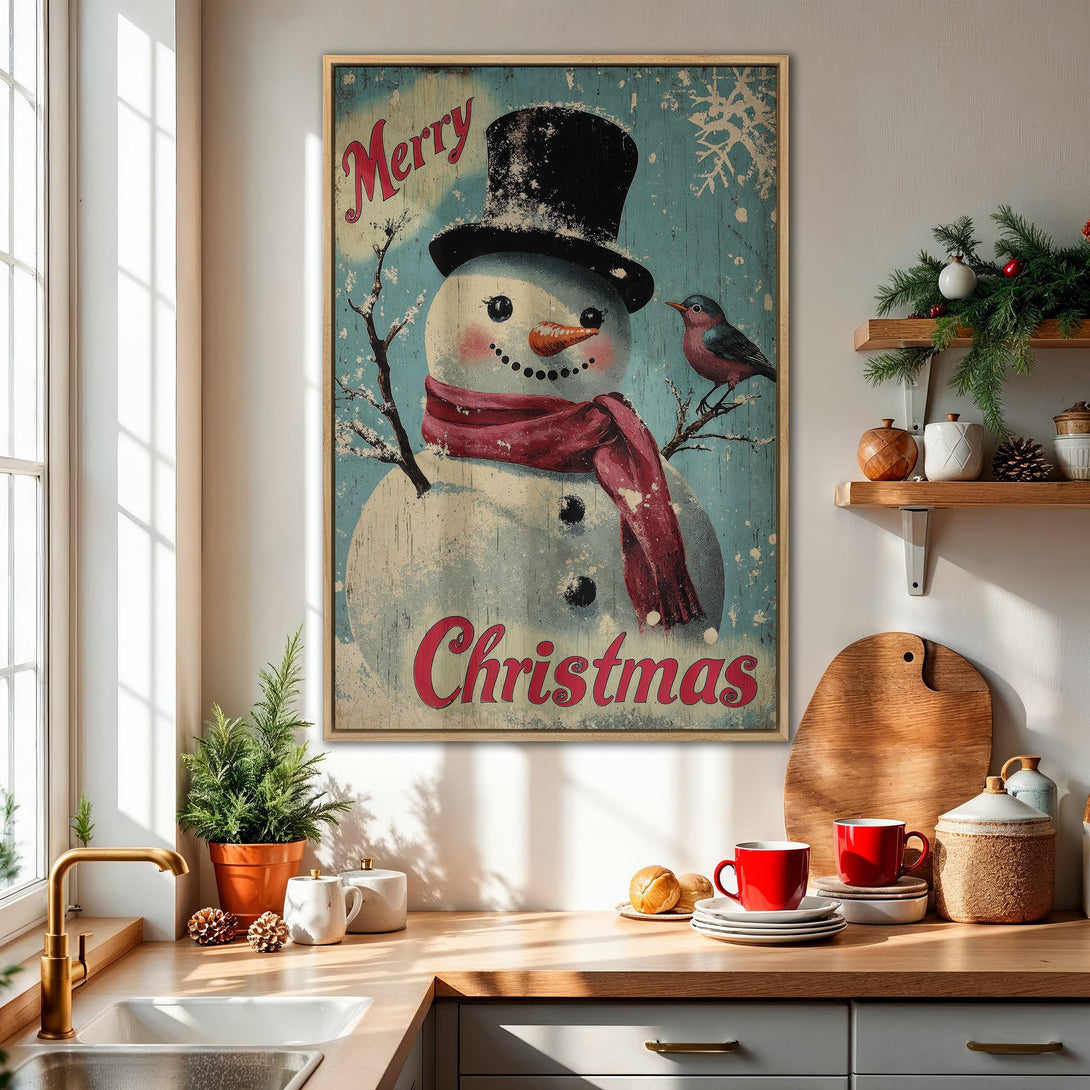 Framed Wall Art featuring a vintage Christmas snowman with a red scarf, set against a teal background. Rustic style with a warm, inviting color palette.