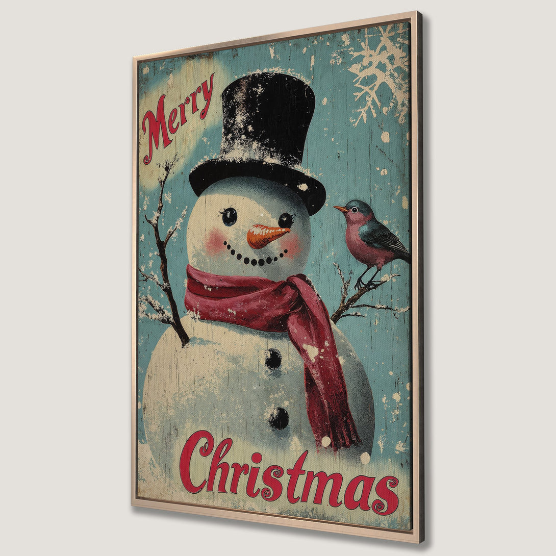 Framed Wall Art: Vintage Christmas snowman print with a distressed look. Features a snowman, bird, and red/blue color palette. Perfect holiday decor!