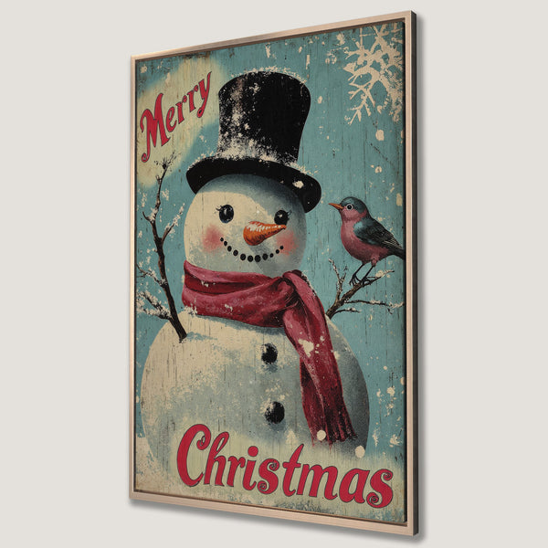 Framed Wall Art: Vintage Christmas snowman print with a distressed look. Features a snowman, bird, and red/blue color palette. Perfect holiday decor!