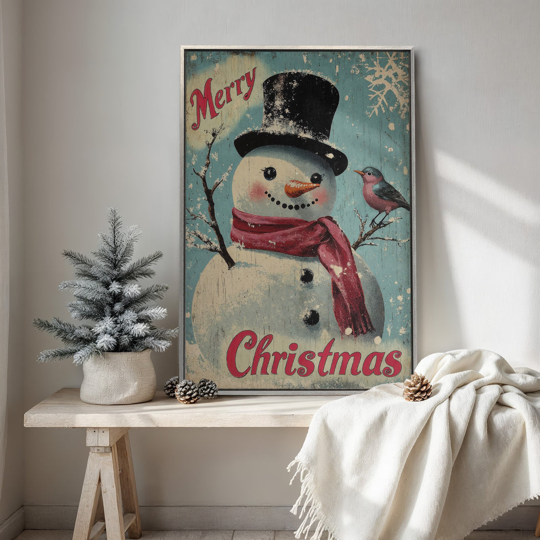 Framed Wall Art: Vintage Christmas snowman print with a red and blue color palette, perfect for holiday decor. Adds a cozy, rustic touch to any room.