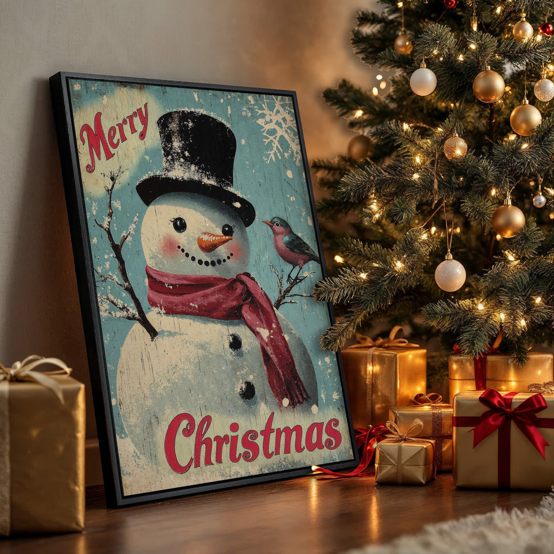 Framed Wall Art: Vintage snowman Christmas print with a rustic, distressed style in blue, red, and white. Perfect holiday decor!
