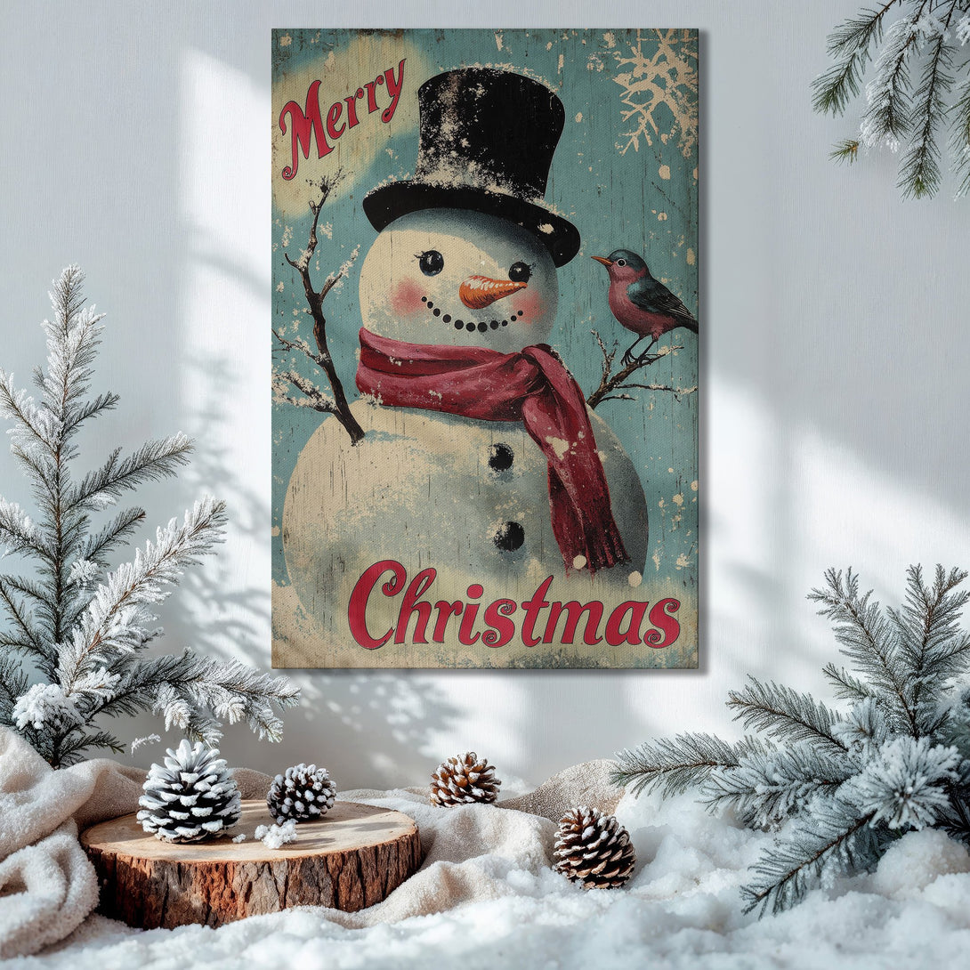 Framed Wall Art: Vintage Christmas snowman print in a cozy interior. Features a distressed style with red, teal, and gold tones. Perfect holiday decor!