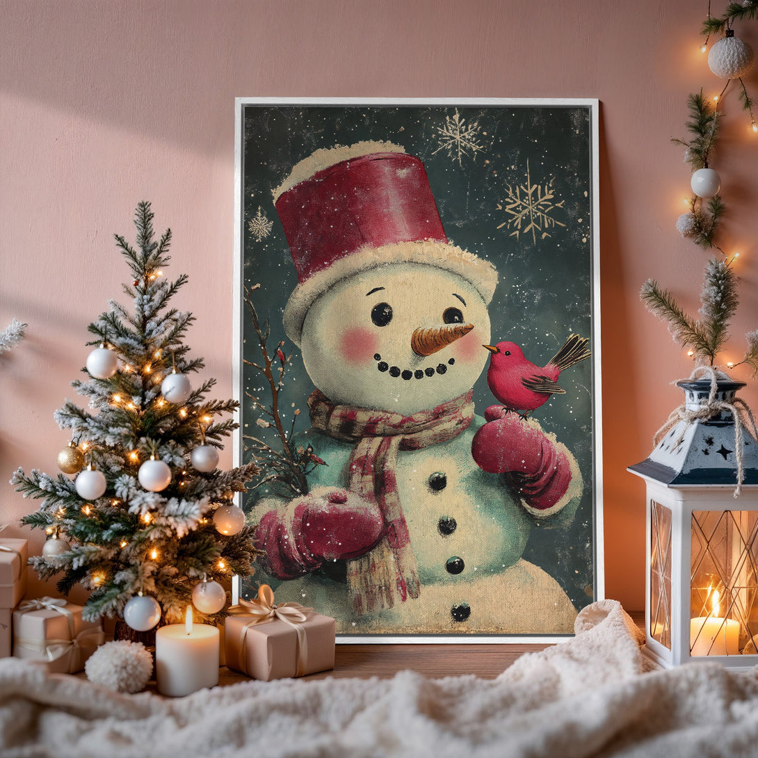 Framed Wall Art: Vintage snowman print with red accents on a dark background. Cozy winter decor in a warm color palette.