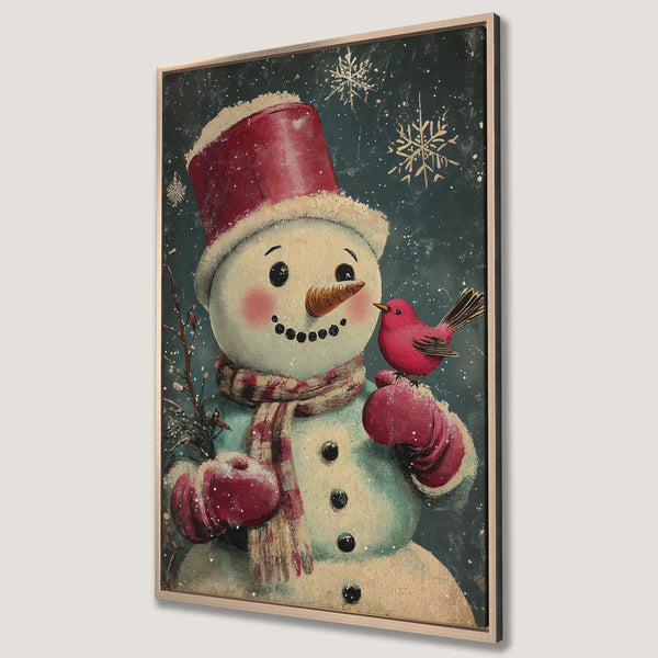 Framed Wall Art: Charming snowman with a red bird, vintage style, winter scene. Festive color palette of red, teal, and cream. Perfect holiday decor.