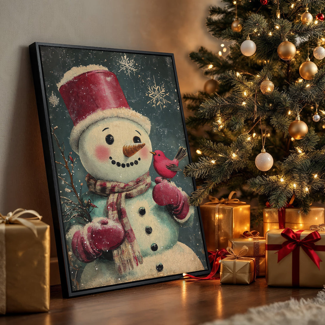 Framed Wall Art: Vintage snowman art with a red and teal color palette. Festive holiday decor for your home. Perfect Christmas gift idea.