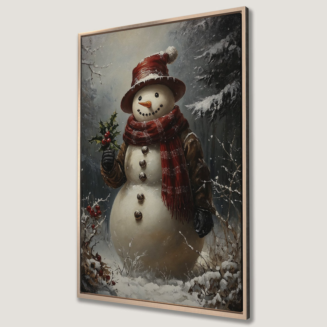Framed Wall Art featuring a charming snowman in a winter scene. Rustic style with red, brown, and neutral tones, perfect for holiday decor.