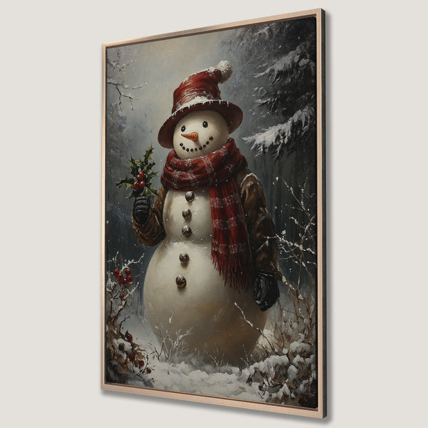 Framed Wall Art featuring a charming snowman in a winter scene. Rustic style with red, brown, and neutral tones, perfect for holiday decor.