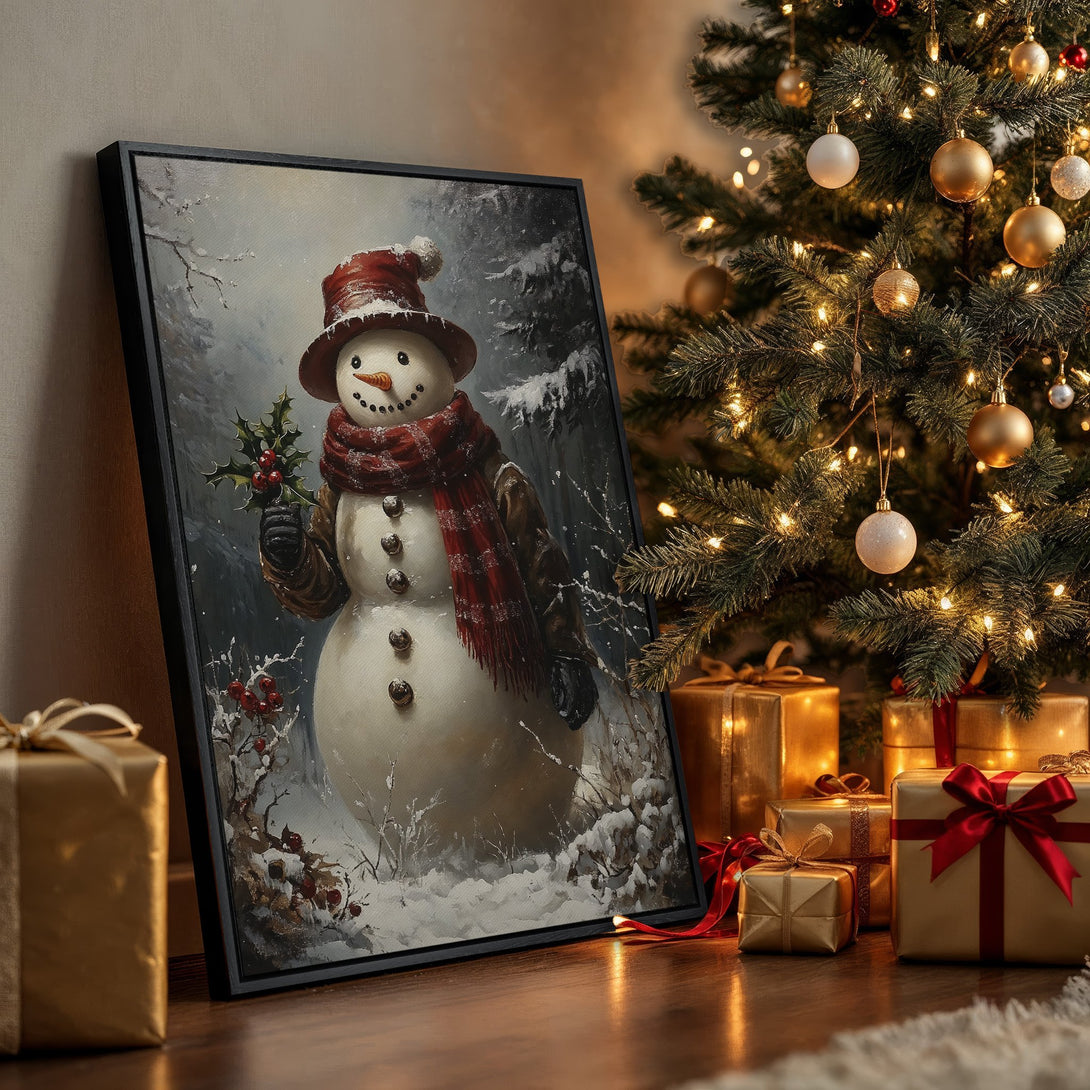 Framed Wall Art: Charming snowman art print in a snowy forest scene. Festive red, brown, and white color palette. Perfect Christmas decor.