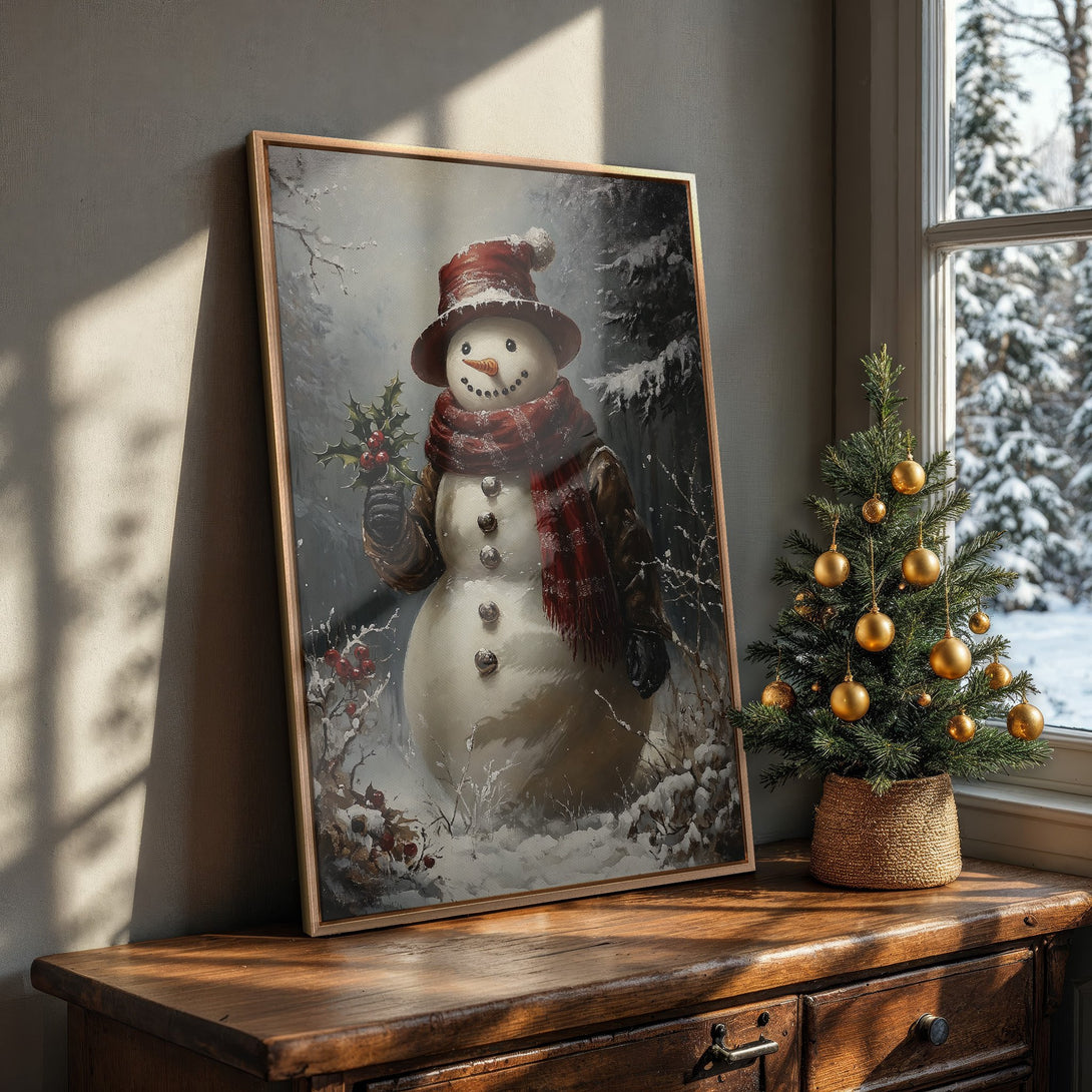 Framed Wall Art featuring a charming snowman in a winter scene. Warm, rustic style with red, brown, and white color palette. Perfect Christmas decor!