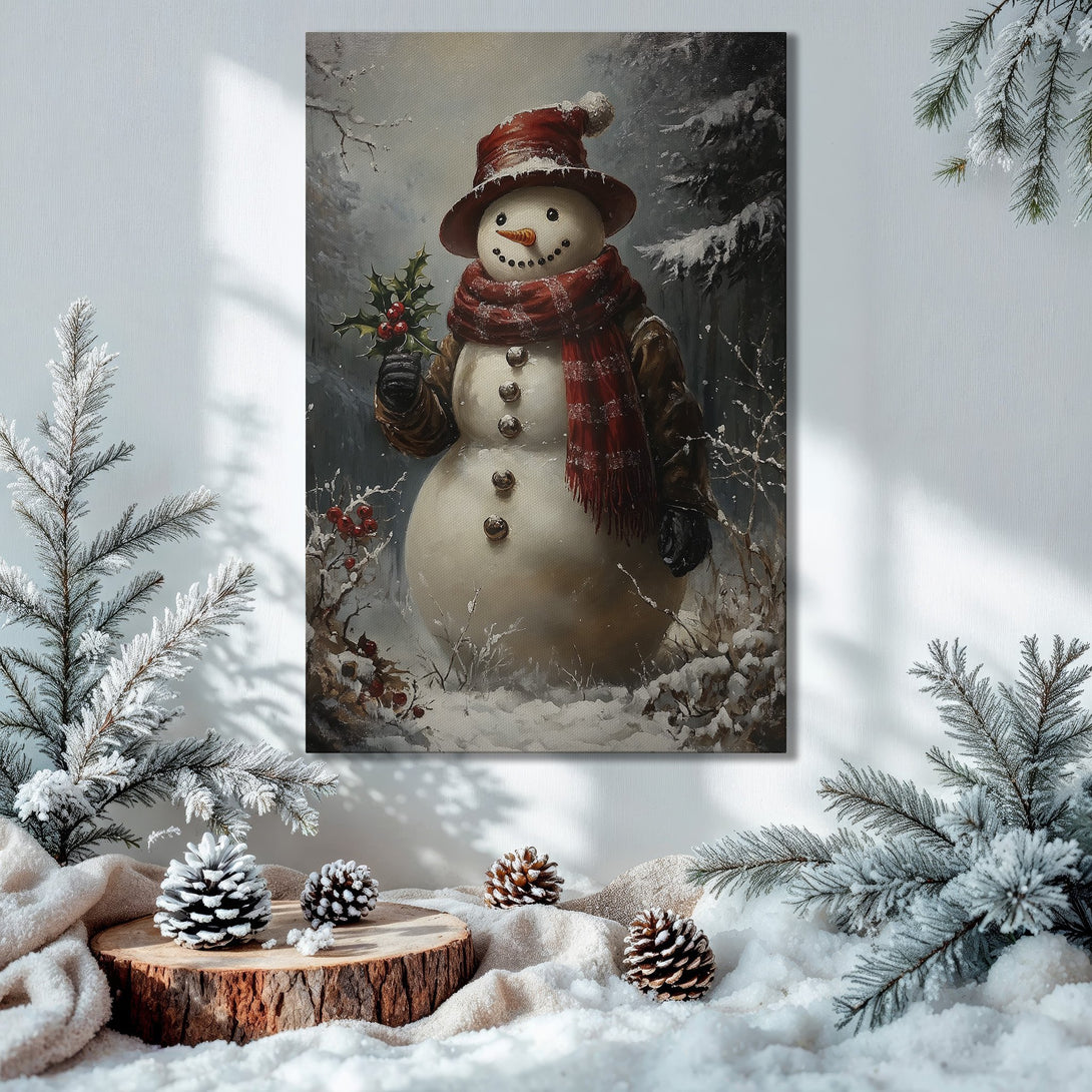 Framed Wall Art: Festive snowman painting in a cozy interior with a warm, wintery color palette. Perfect holiday decor!