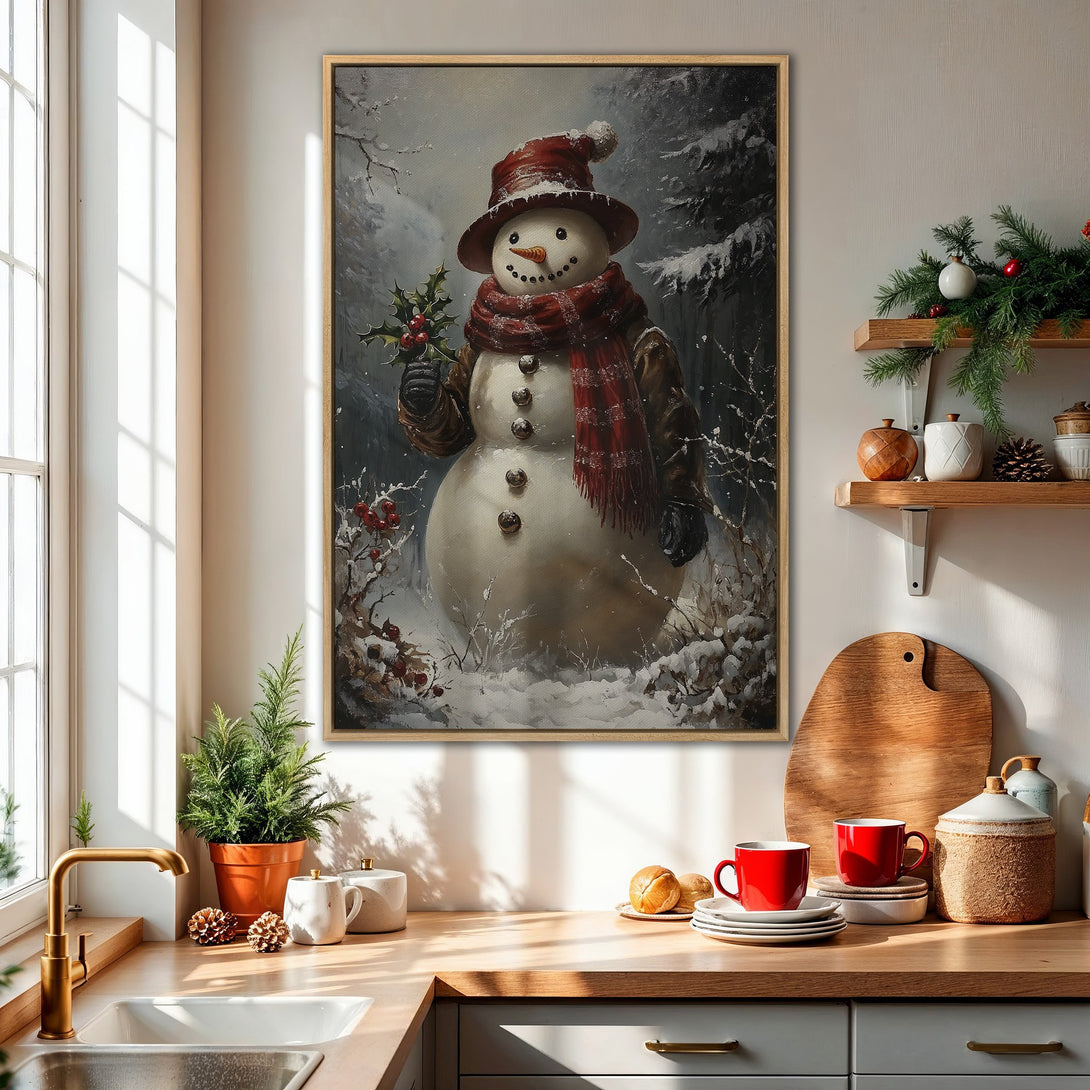Framed Wall Art featuring a charming snowman in a snowy landscape. Rustic style with a warm, inviting color palette. Perfect winter decor!